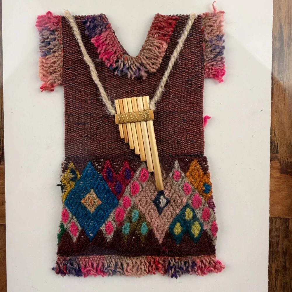 Vintage‎ Peruvian Woven Textile Art Framed Miniature Poncho with Pan Flute 10x8